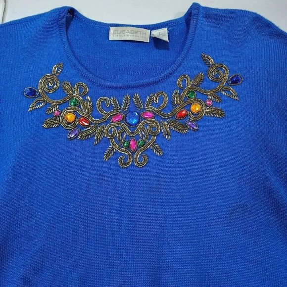 Vintage Liz Claiborne Sweater Beaded Blue Size 1 Wool Blend Crewneck Longsleeve - Picture 7 of 11
